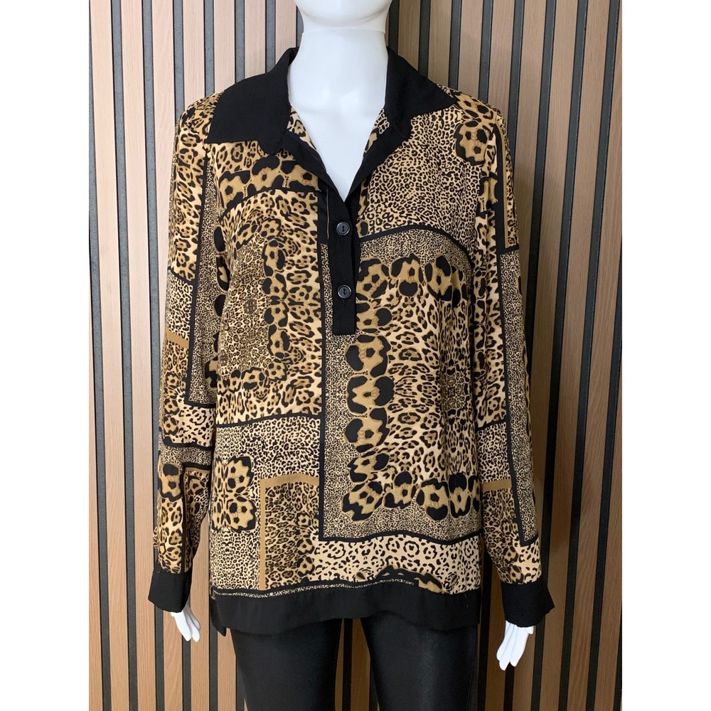 Joseph Ribkoff Leopard Print Patchwork Blouse Black Tan Long Sleeve Size 8